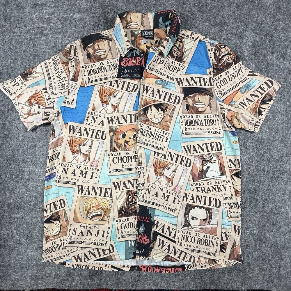 One Piece Wanted Poster Hawaiian Camp Shirt XXL Anime Button Up Cotton Rayon